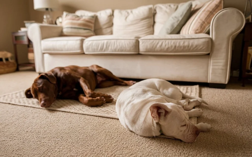 Two dogs sleeping side by side peacefully