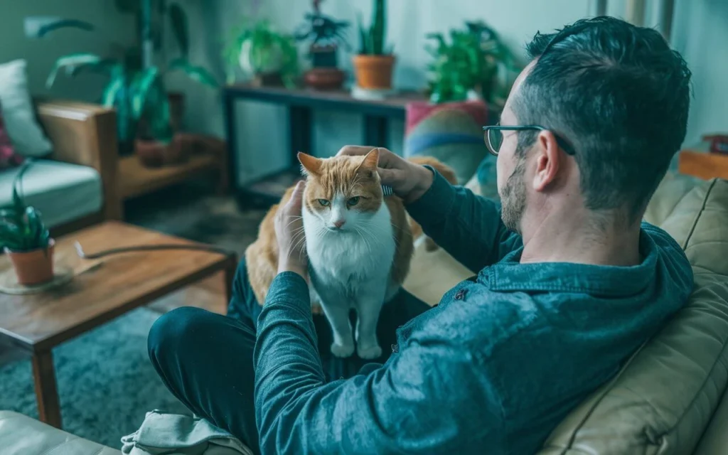 Man brushing his cat during grooming session