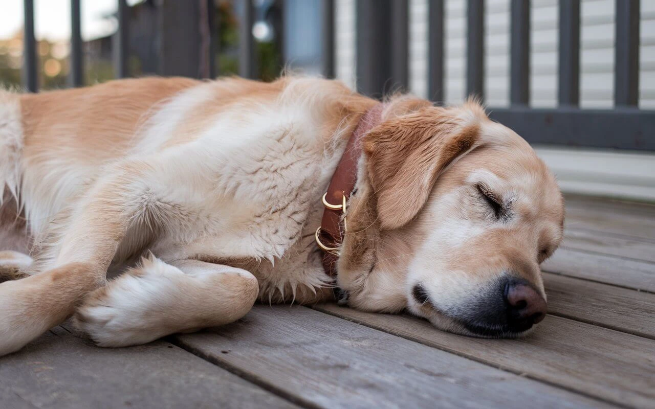 A golden retriever lying peacefully on the floor and breathing fast.