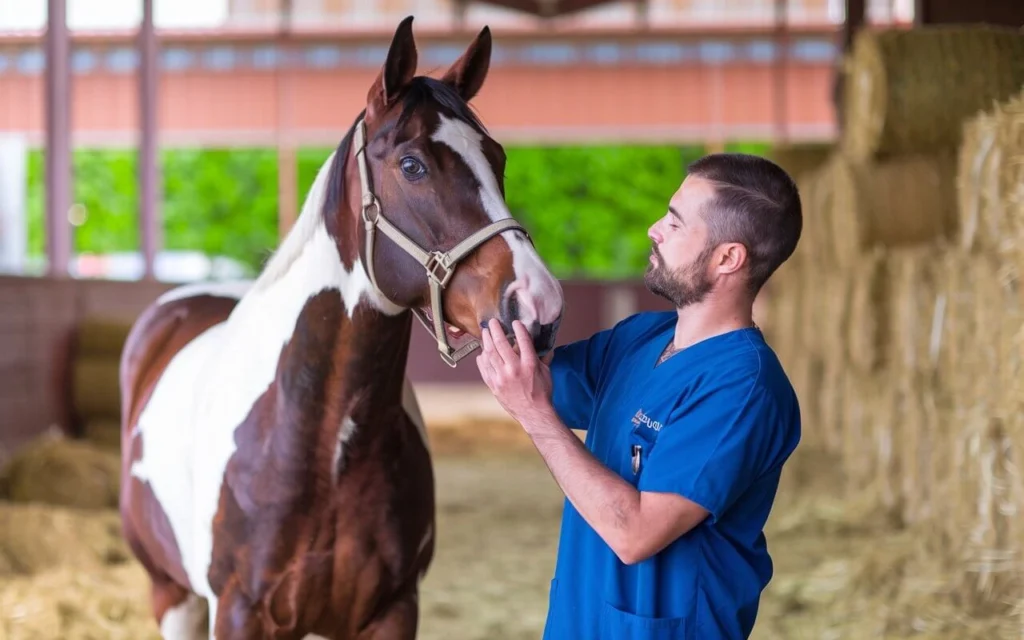 Equine vet petting a horse for comfort