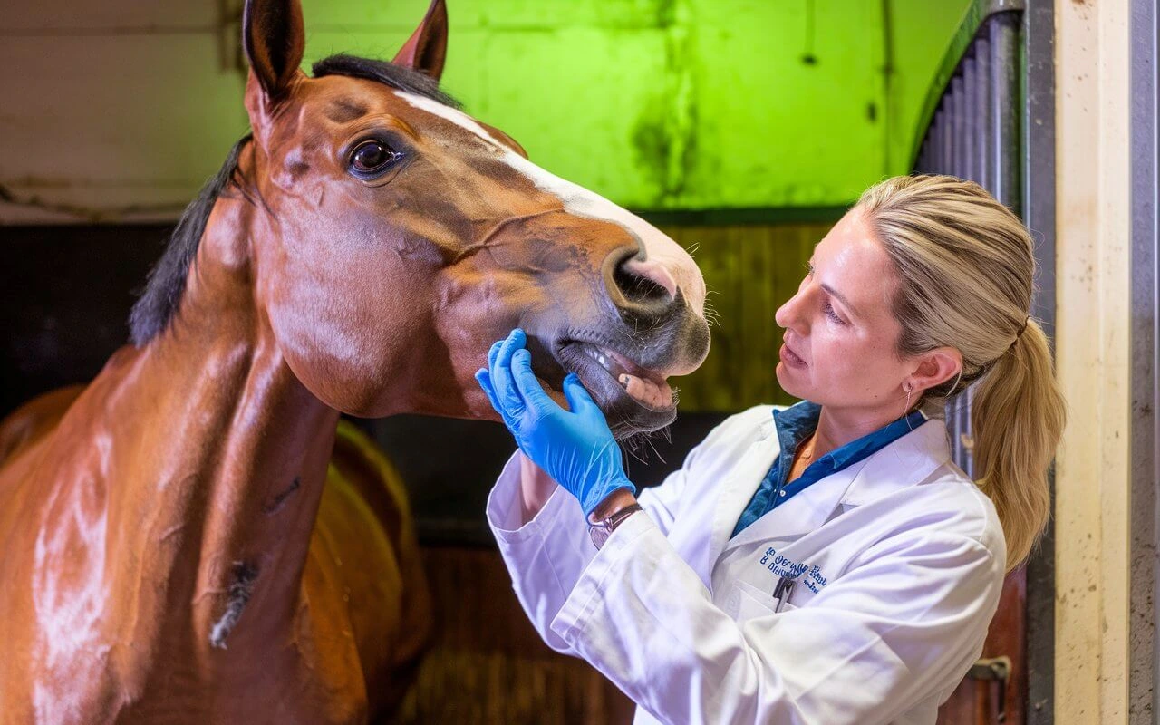 Horse showing teeth during dental inspection.