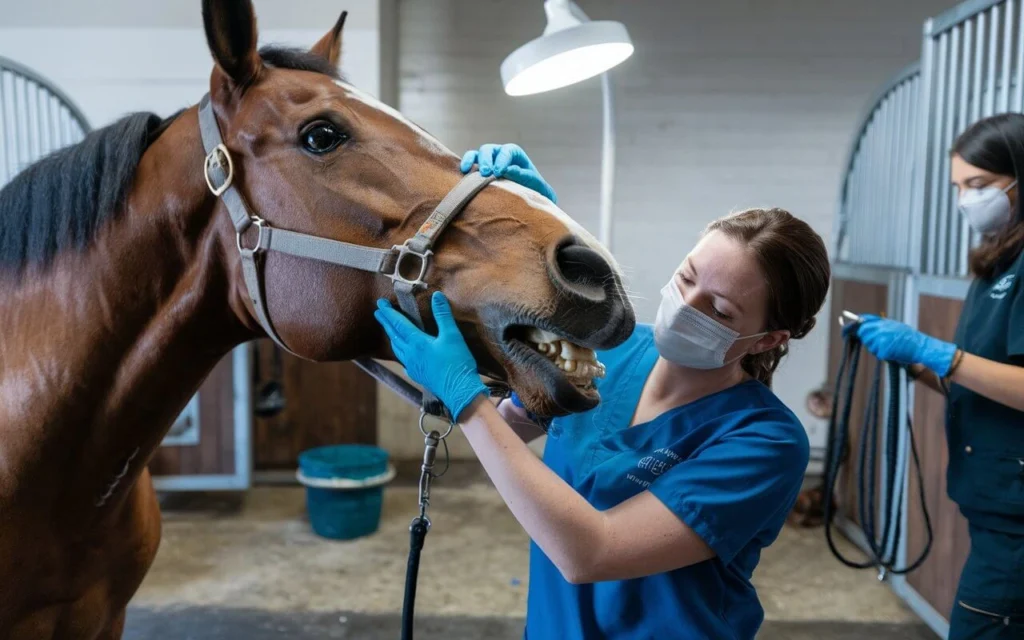 Professional floating of horse teeth during dental examination.