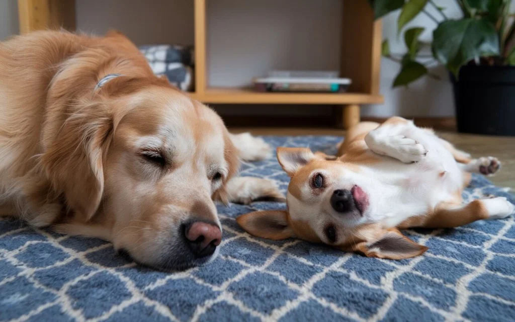 Two dogs of different breeds lying side by side, sleeping soundly in a quiet room.