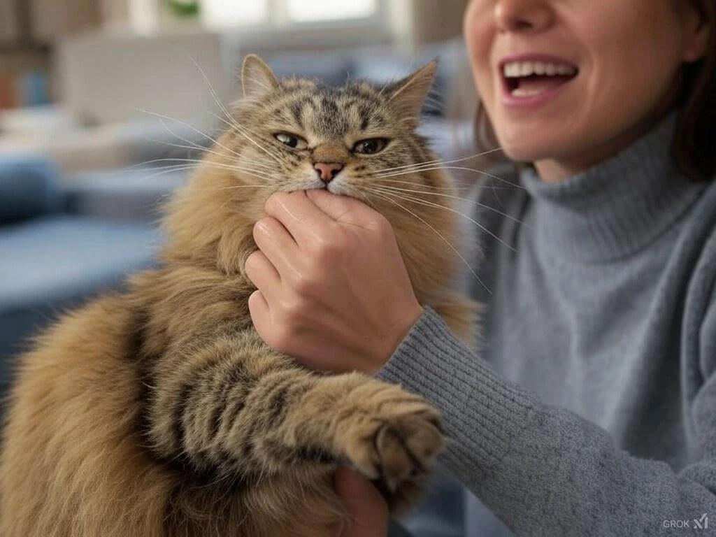 Cat playfully biting owner’s hand