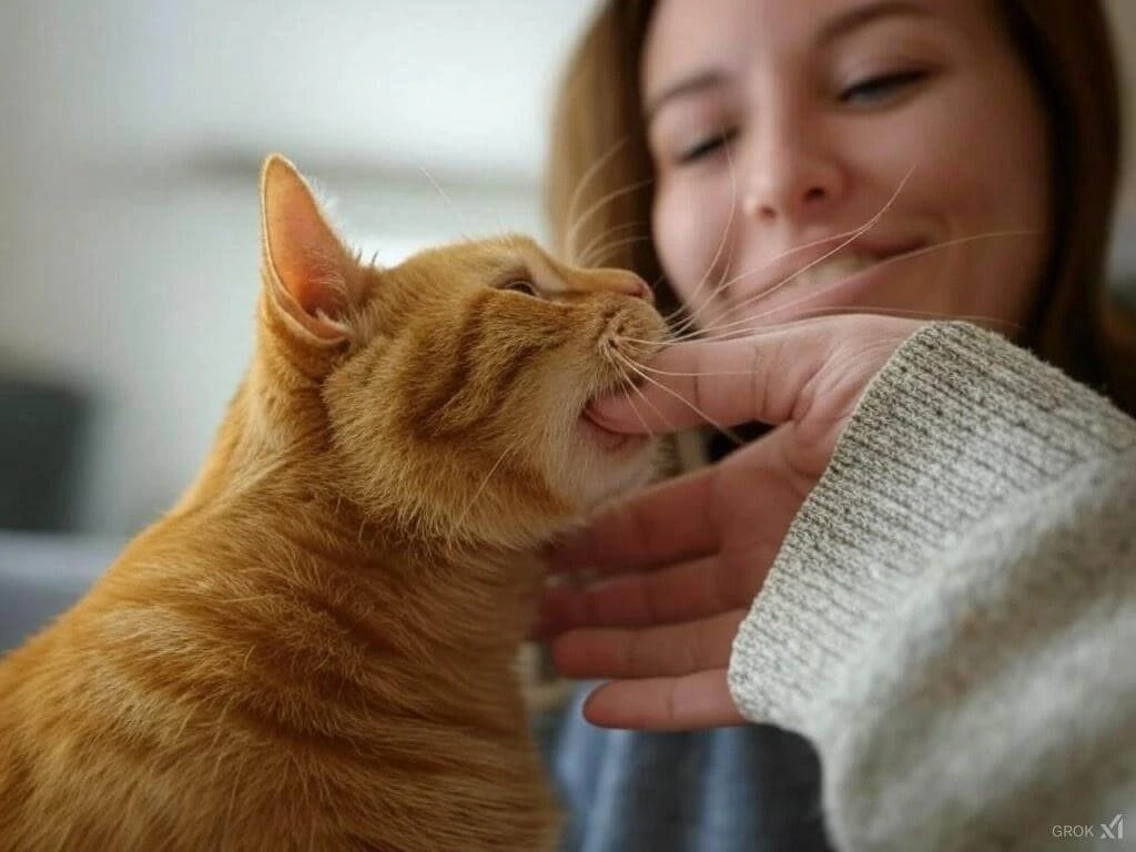 Cat biting owner’s hand in playful gesture