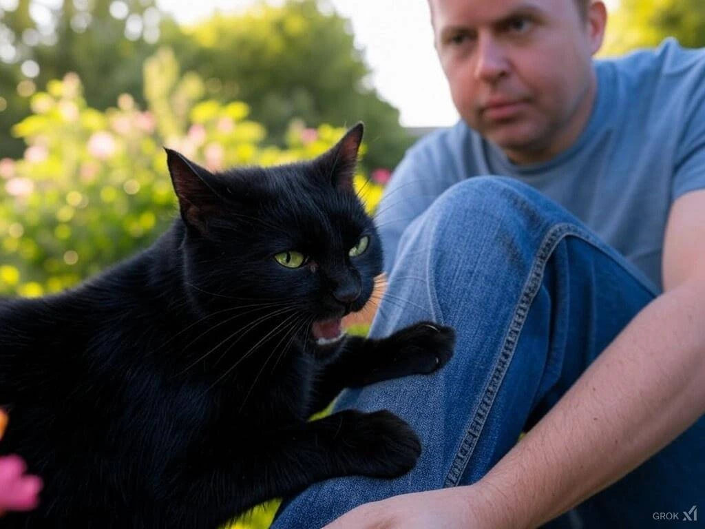 Cat playfully biting owner’s leg during interaction