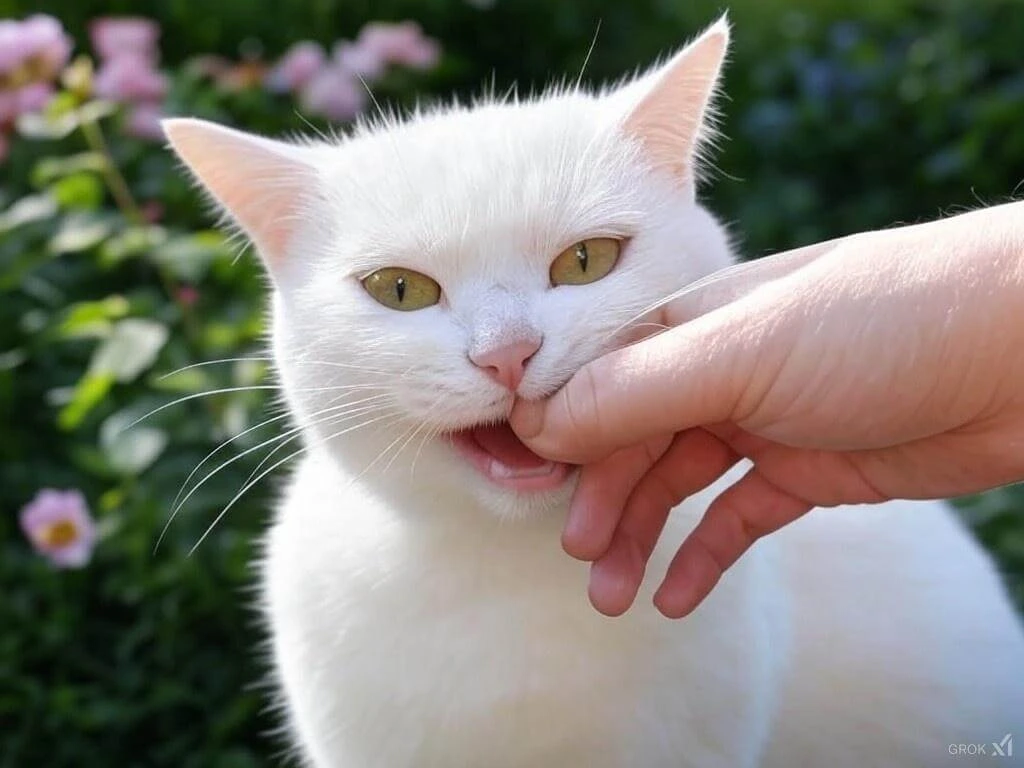 Cat biting owner as part of playful interaction